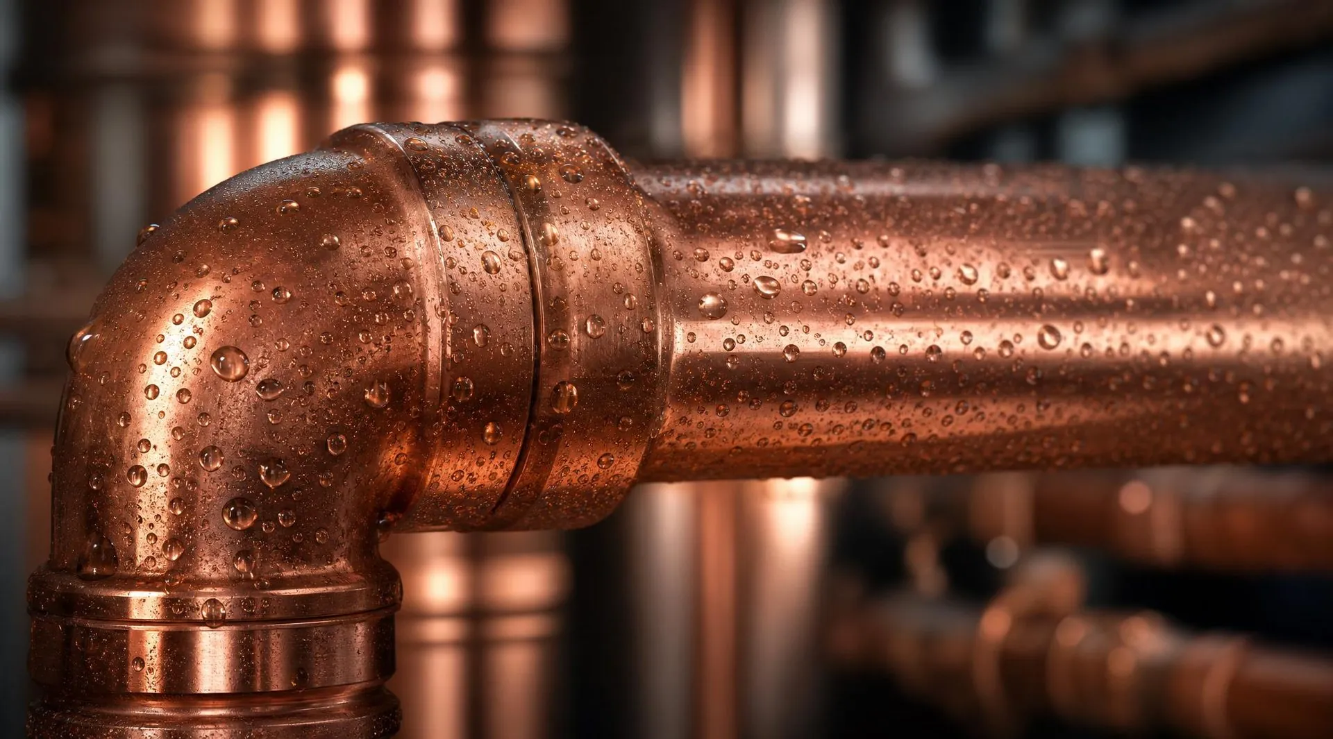 Macro shot of a copper pipe elbow covered in water droplets