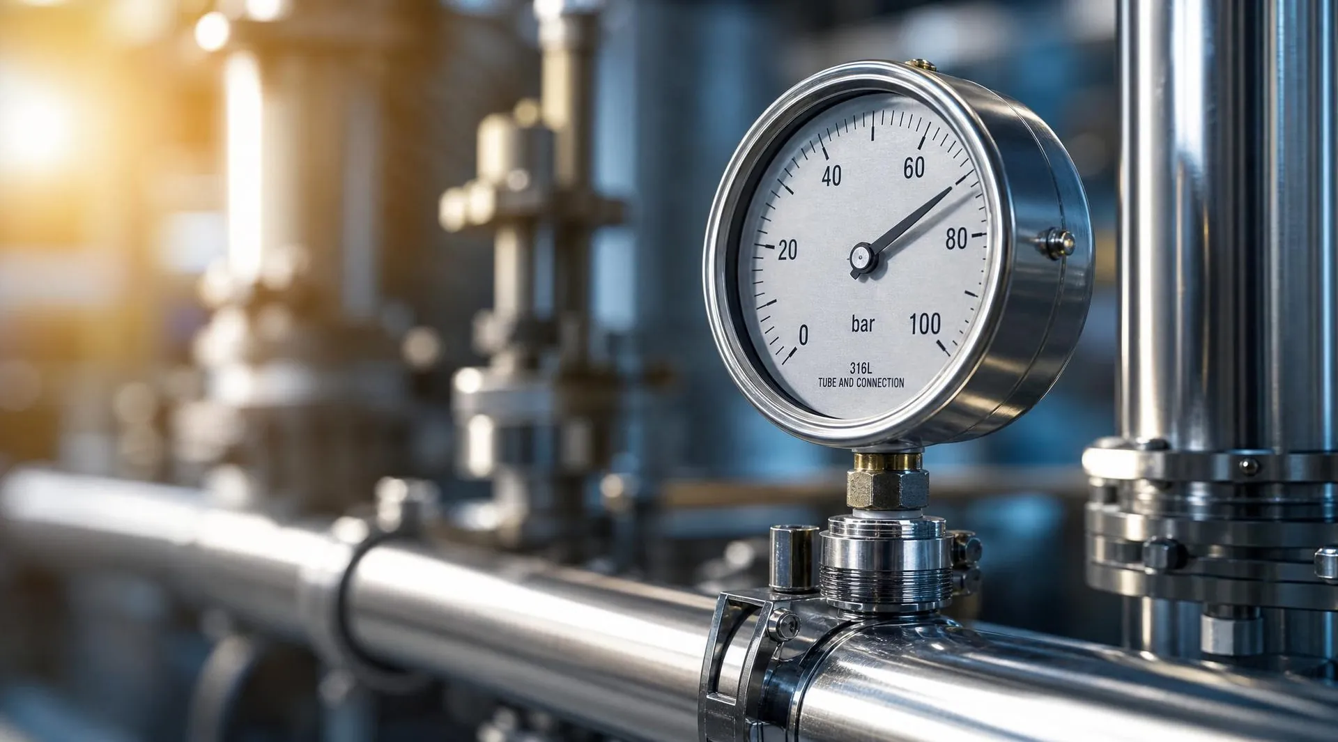 Pressure gauge mounted on a polished commercial piping system