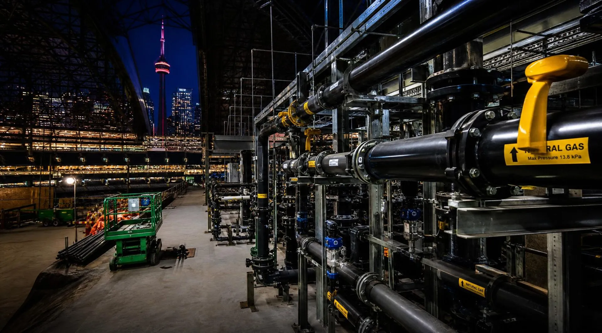 Labelled natural gas piping installed at an Exhibition Place venue, CN Tower visible beyond