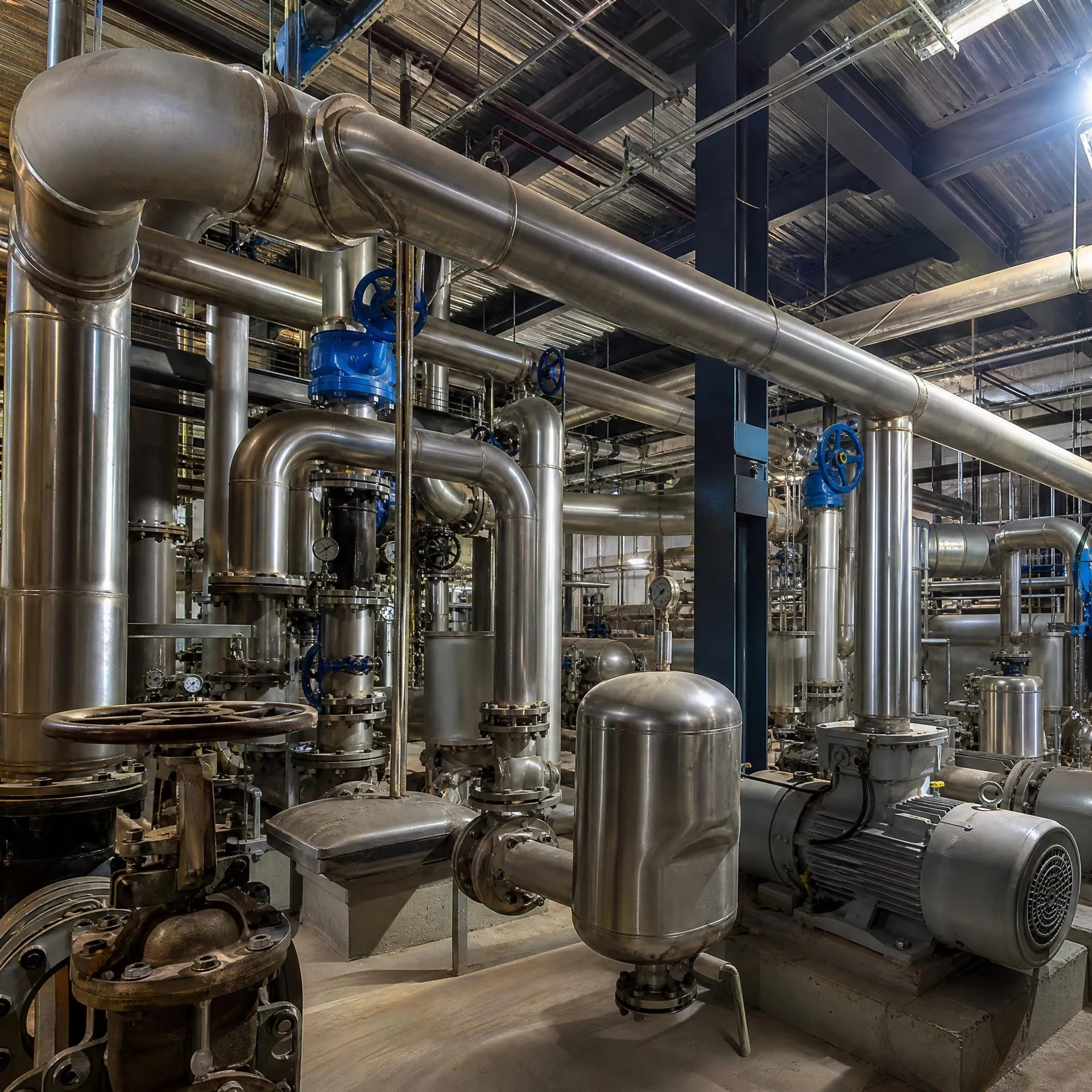 Industrial plumbing and large steel piping inside a manufacturing facility