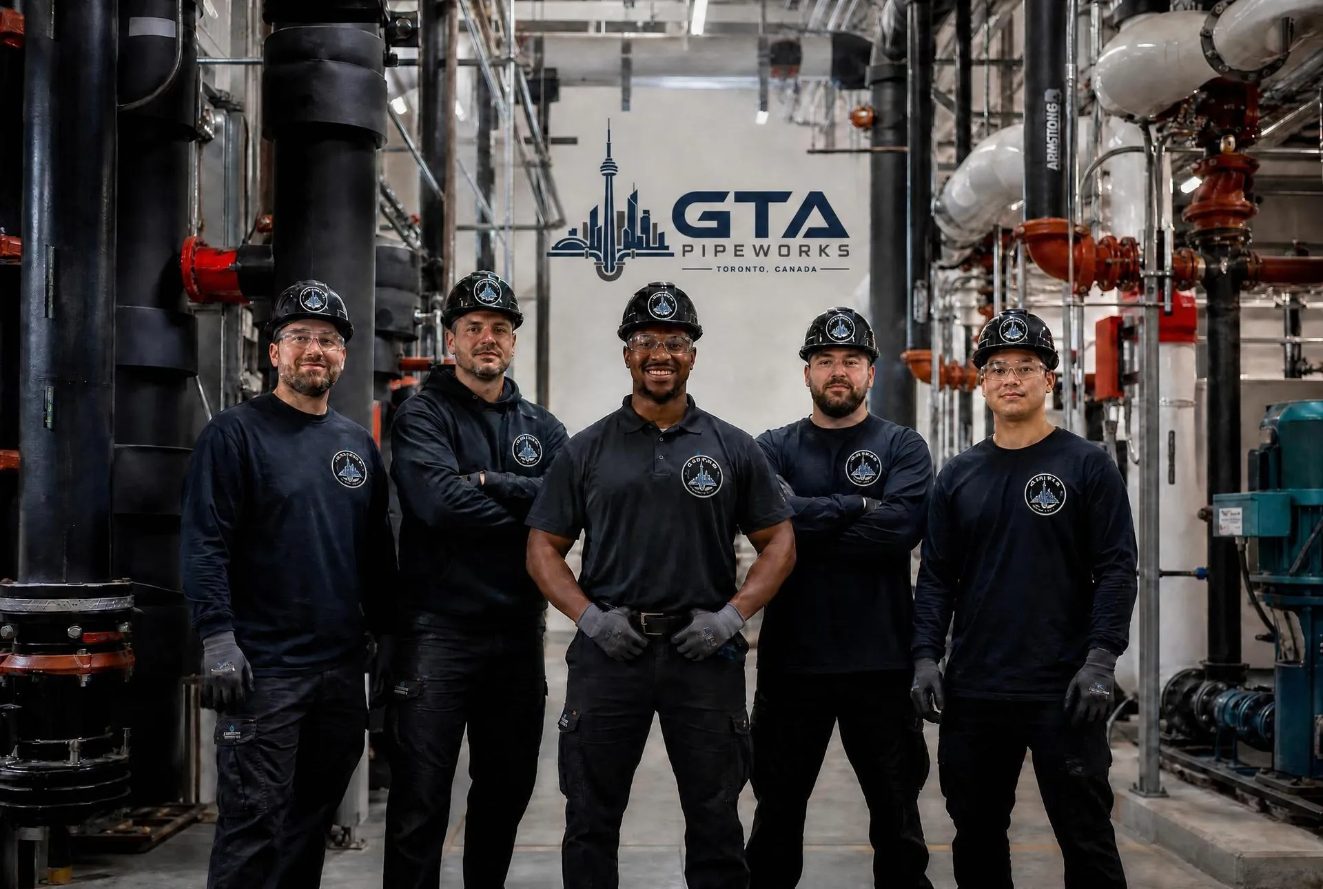 GTA Pipeworks crew inside a completed commercial mechanical room